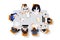 A team of businessmen discusses problems on a white background top view