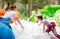 Team collecting balls in inflatable foam pool