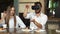 Team of developers working with virtual reality glasses during a business meeting. Young business colleagues