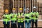 Team engineering worker technician, workshop manufacturing wooden, Teamwork in wood warehouse industry factory. Group professional