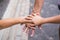 Team and family concpet image with hands touching together in outdoor. love and relationship and friendship picture. caucasian