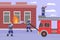 Team of firefighters fighting fire in building, flat cartoon vector illustration
