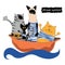 Team of funny cats sailors in striped frocks sail on bowl on the sea. Cartoon style