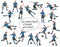 Team of girls playing women\\\'s football in blue T-shirts in various poses running, jumping, grabbing, kicking the ball,