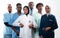 Team or group of a doctor, nurse and medical professional coworkers standing together. Portrait of diverse healthcare