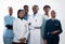 Team or group of a doctor, nurse and medical professional coworkers standing together. Portrait of diverse healthcare