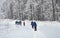 Team of hikers in winter mountains