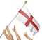 Team of peoples hands raising the England national flag