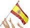 Team of peoples hands raising the Spain national flag