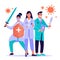 Team of professional doctors. Doctors holding shield, syringe and sword protect from 2019-nCoV Coronavirus.