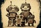 Team of robots vintage toys ink drawing, technology, electronics