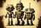 Team of robots vintage toys ink drawing, technology, electronics