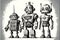 Team of robots vintage toys ink drawing, technology, electronics