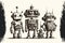 Team of robots vintage toys ink drawing, technology, electronics