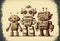 Team of robots vintage toys ink drawing, technology, retro