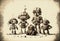 Team of robots vintage toys ink drawing, technology, retro