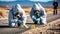 Team of scientists in hazmat suits examining soil sample on the road