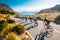 Team sport cyclist photo. Group of triathlete on bicycle ride on the road at Mallorca, Majorca, Spain