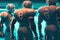 team of strong athletes players in american football conferencing before match, generative ai