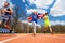 Team of three teenage sprinters with British flag