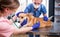 A team of veterinarians examines a sick Corgi dog using an stethoscope