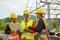 Team work construction engineer technician and worker control in the construction of roof structures on construction site