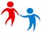 Team work figures in red and blue. Simple and clean design. Working together.