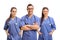 Team of young healthcare workers in blue uniforms