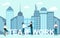 Teamwork concept. Business people cooperating in big city with skyscrapers, vector illustration in flat style