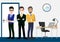 Teamwork concept with businessmen cartoon character design. three males standing in the office area vector