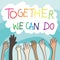 Teamwork concept. drawing cartoon of people raising hands isolated on gradient blue background with copy space and text together