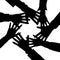 Teamwork concept. Friends with stack of hands black silhouettes showing unity and teamwork, top view. Young people are