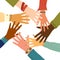 Teamwork concept. Friends with stack of hands showing unity and teamwork, top view. Young people are putting their hands