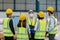 Teamwork engineer in uniform wear protection mask brainstorming workshop industrial factory building. meeting worker team