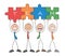 Teamwork, four stickmen businessmen holding connected team jigsaw puzzle pieces, hand drawn outline cartoon vector illustration