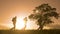 Teamwork. Group men silhouette hikers with backpacks walk along trail next go travel to the mountains up top near the