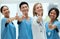 Teamwork, happy or portrait of doctors with thumbs up for healthcare, medical consulting or success. Thumb up, nurses or