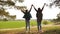 Teamwork Hiker Girls Raising Her Hands Up, Celebrating Victory And Enjoying Scenery. women on vacation travel through