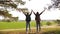 Teamwork Hiker Girls Raising Her Hands Up, Celebrating Victory And Enjoying Scenery. women on vacation travel through