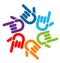 Teamwork pointing colorful hands, icon logo vector