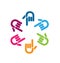 Teamwork pointing colorful hands, icon logo vector