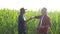 Teamwork smart farming husbandry concept slow motion video. Two men agronomist two farmers victory shake hands teamwork
