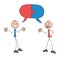 Teamwork, two stickmen businessmen talking with connected jigsaw puzzle pieces speech bubble, hand drawn outline cartoon vector