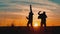 Teamwork victory business tourism concept. two hiker sunshine sunset men tourists men rejoice hands in top success