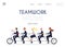 Teamwork website banner - cartoon business people riding tandem bike together.