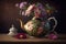 teapot with blooming flower on wooden table
