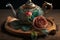 teapot with blooming rose on wooden tray