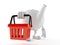 Teapot character holding empty shopping basket