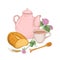 Teapot, cup of tea, bread loaf, honey dipper, clover flowers and cereal ear. Elegant decorative composition isolated on