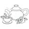 Teapot, cup of tea with lemon outline drawing